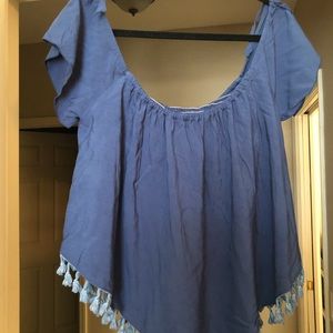 Khush off the shoulder top with fringe tassels